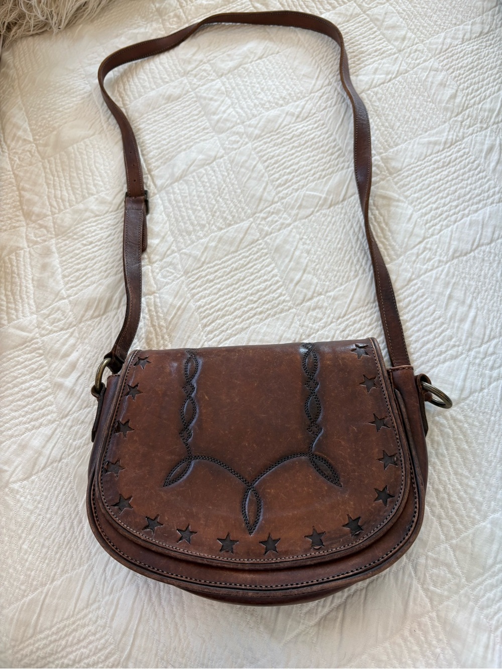 Frye dark Brown Leather Crossbody Bag with Star Accent engraving all leather